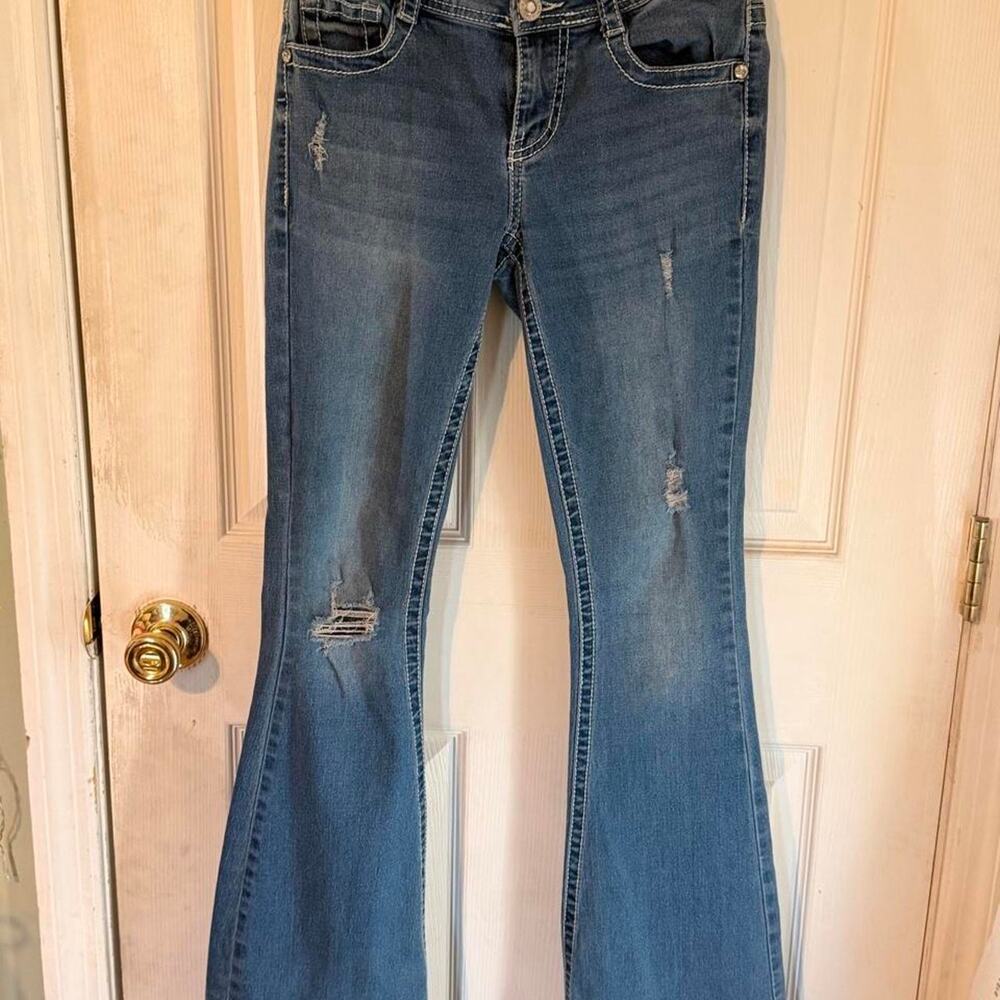 Gemma Rae Y2k blue ripped bootcut with stitch and rhinestone back pocket- 3/26